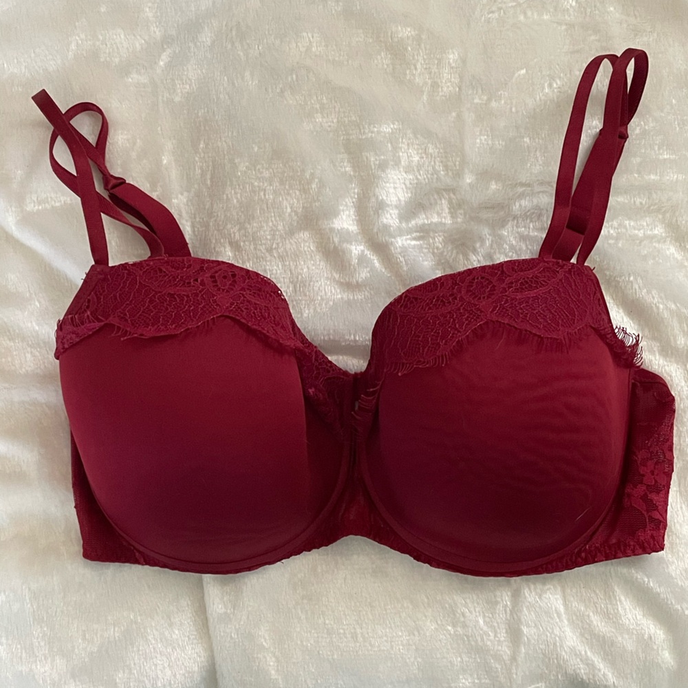EUC Passionata by Chantelle bra, size 36DDD balconette style lace maroon red